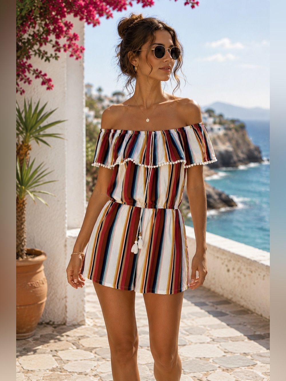 Derek Heart Off the Shoulder Multi-Color Striped Womens Romper Shorts Size XLG